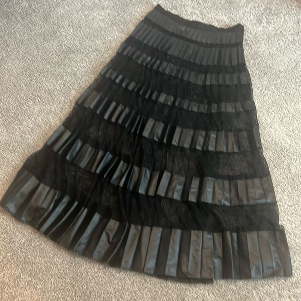 Tesoro Moda‎ Black Faux Leather Lace Pleated Skirt L Large Black Punk Sexy Maxi